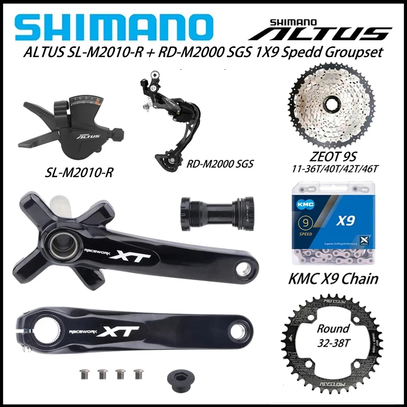 

SHIMANO ALTUS SL-M2010 RD-M2000 9v Groupset M2000 Rear Derailleur X9 Chain ZEOT Cassette 11-36/40/42T RACEWORK XT CRANKSET