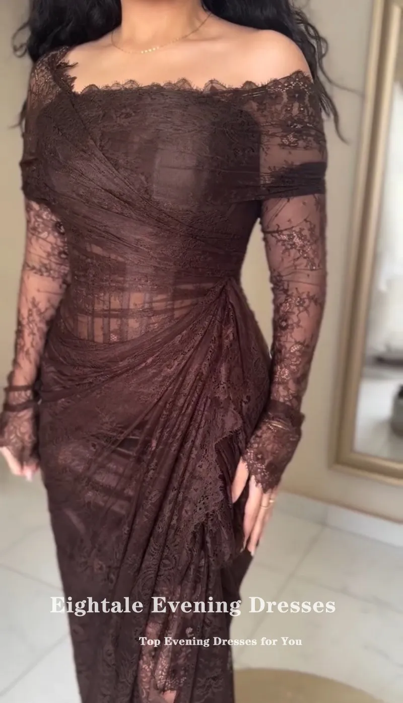 فستان سهرة من الدانتيل Eightale بدون حمالات مخصص حورية البحر بني بأكمام طويلة عربي للحفلات الراقصة وحفلات الزفاف رداء السهرة