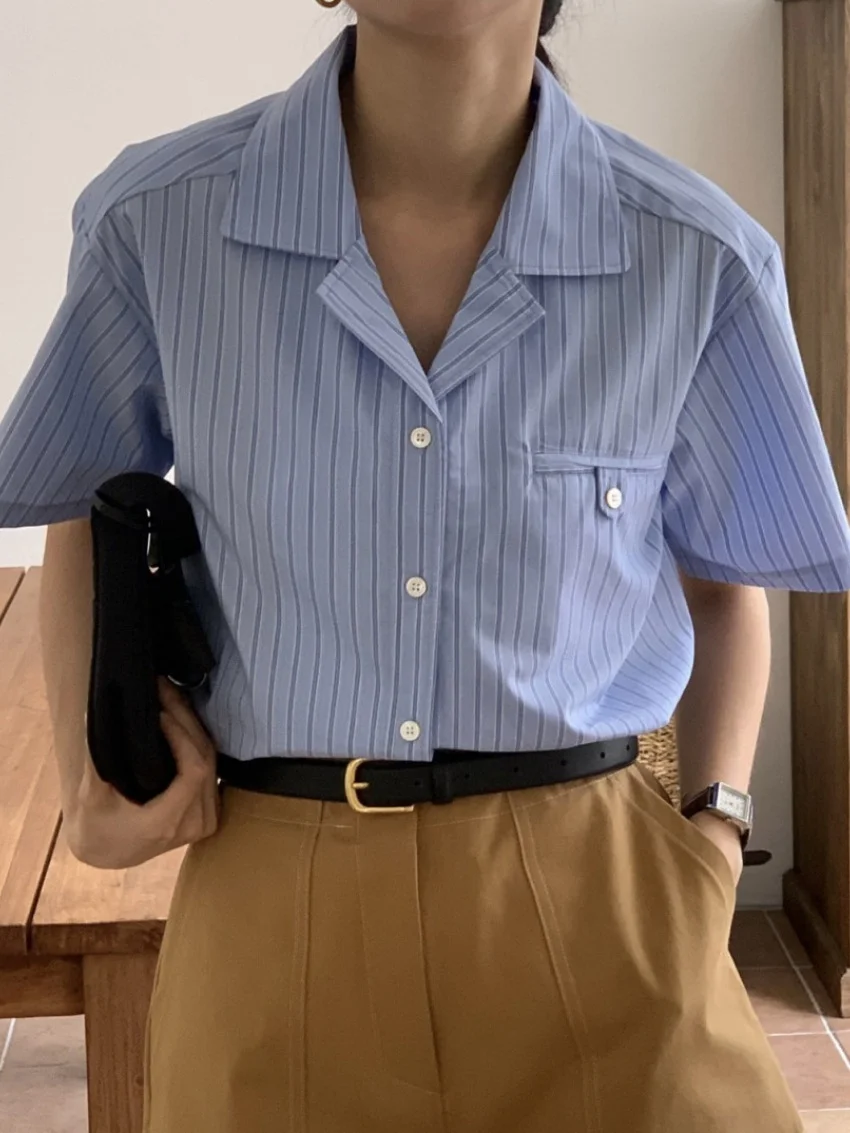 

Alien Kitty Summer Stripes Short Sleeve Shirts Women Chic Loose 2025 New High Street Office Lady Fashion Casual Daily Slim