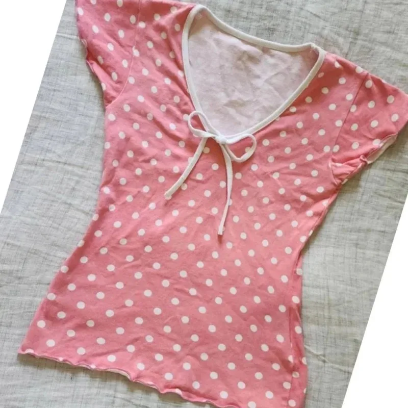 Hotsweet البولكا نقطة تي شيرتات قصيرة الاكمام المرأة خمر سليم صالح الخصر المحاصيل الأعلى اليابانية Y2k الجمالية حار فتاة تيز