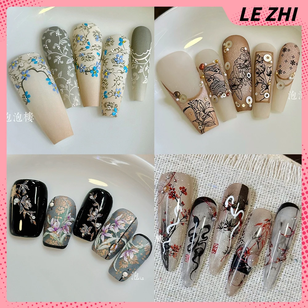 

10Pcs Chinese Style Flowers Handmade Long Coffin Press On Nails Hand-Drawn Rose Camellia Lily Peony Bamboo Wearable False Nails