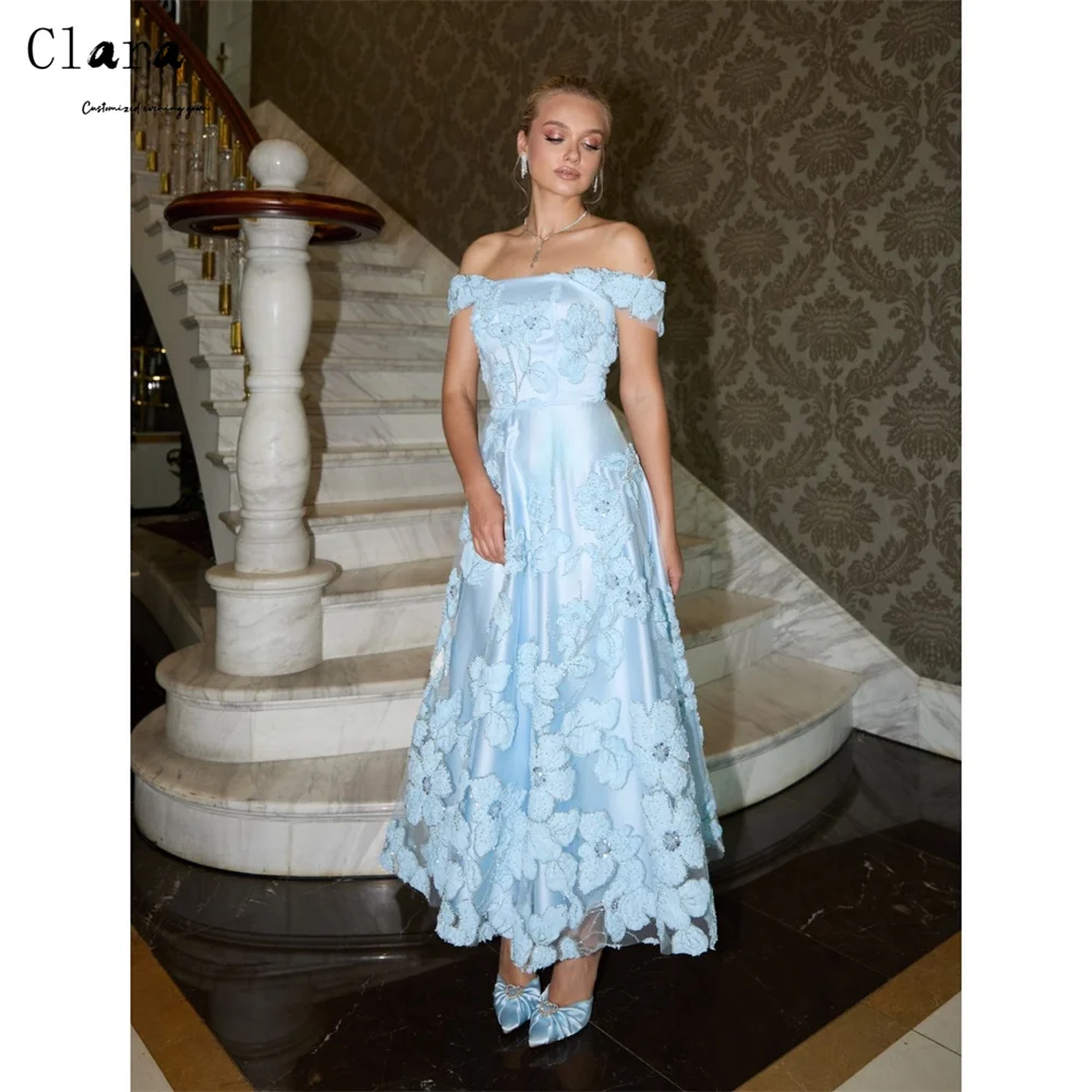 Clara Custom Niebieska Sukienka Wieczorowa w Kwiaty, Krój A, Bez Rękawów, Odkryte Ramiona, Luksusowa Sukienka na Bal/Studniówkę, Elegancka Suknia na Rok 2025