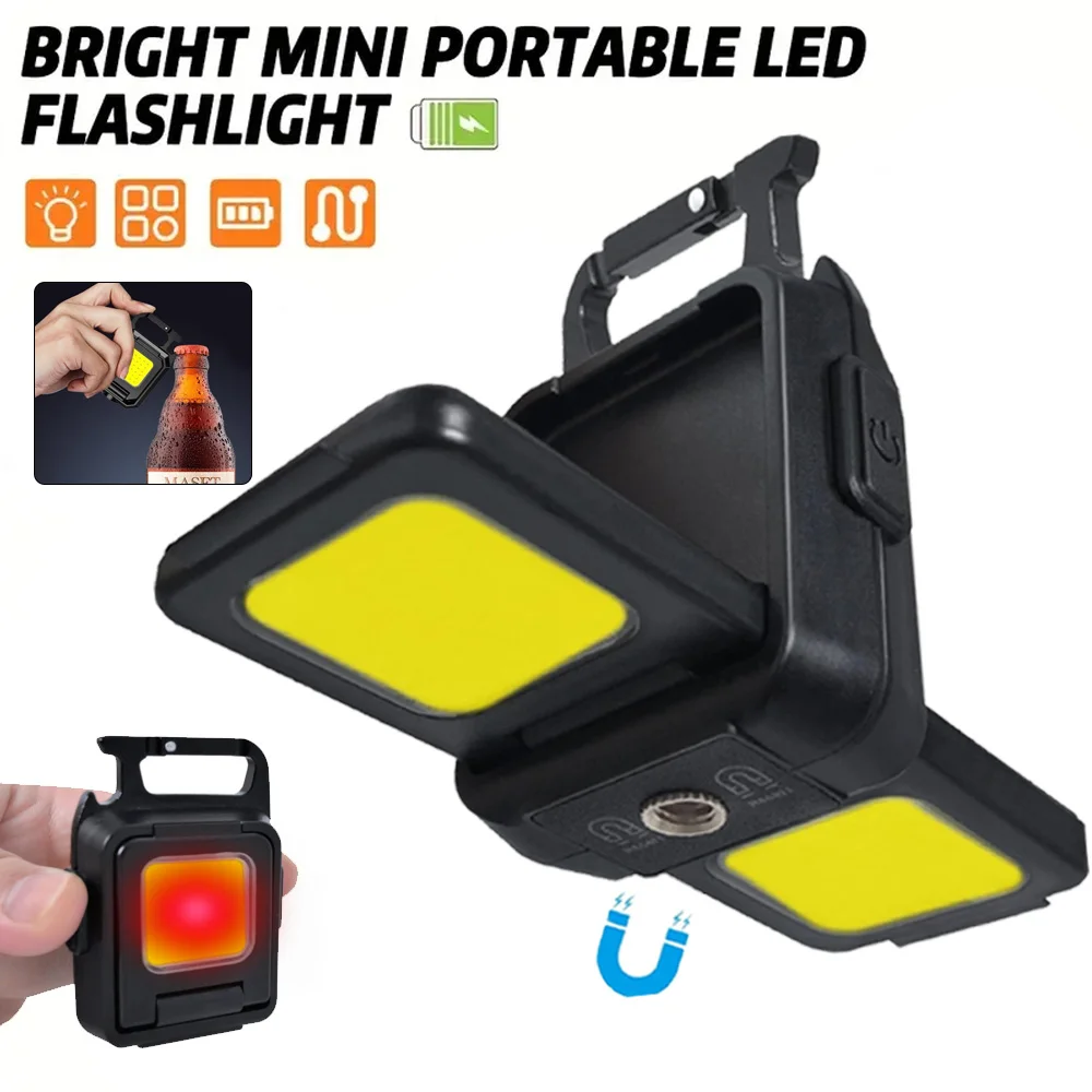 Mini Flashlight Keychain Light COB Work Light USB Rechargeable Lamp with 90° Foldable Side Lights Super Bright Portable Lanterns