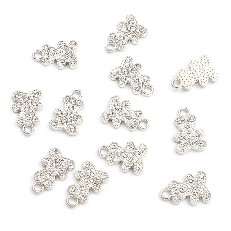 New 10pcs Trend Teddy Bear Crystals Rhinestones Charm 10.1*15.4mm Silver Gold Color Animal Metal Pendants For Jewelry DIY Making