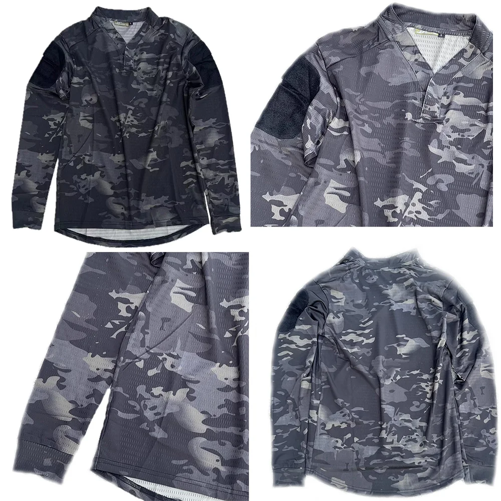 

Тактика охоты на открытом воздухе MCBK Темная ночь Камуфляж Быстросохнущая, VS Тактическая футболка с длинными рукавами Впитывающая пот V-образным вырезом Ice-Cool