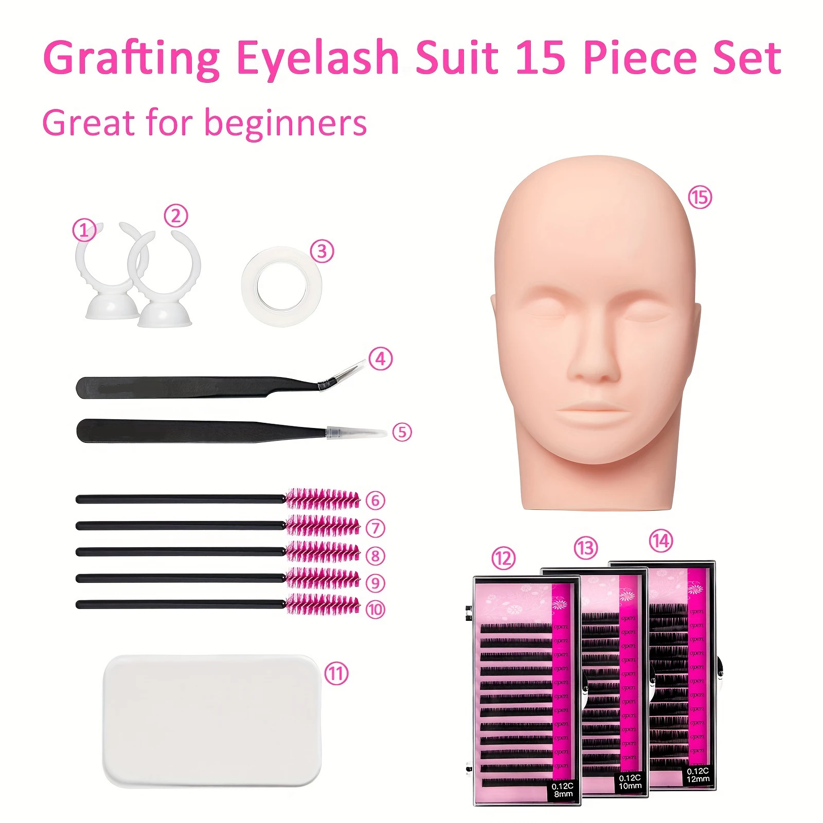 Eyelash Extensions Practice Kit Professional Training Eyelash Mannequin Head False Eyelashes for Makeup Training