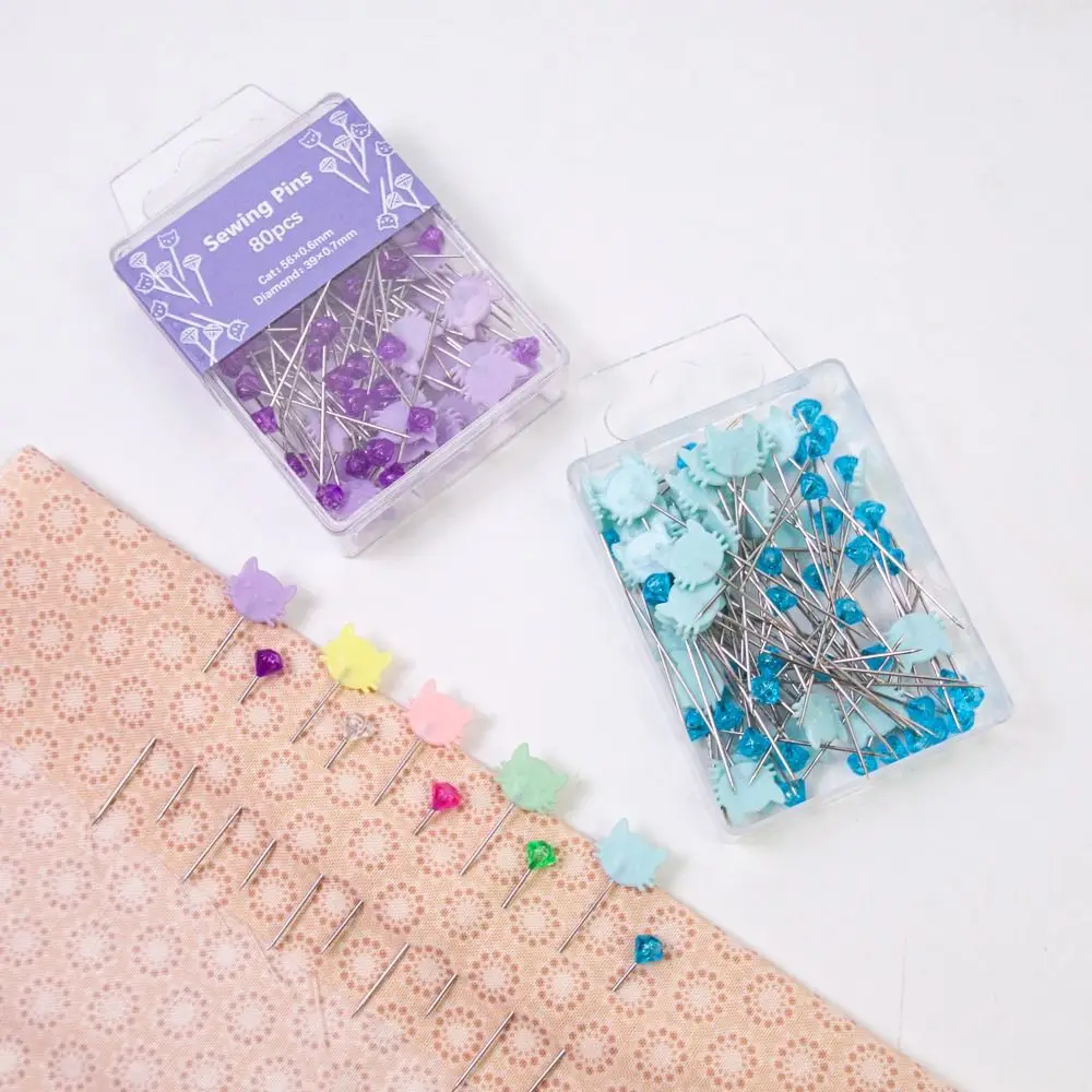 80pcs DIY Crafts Sewing Pin Holder Multi-Color with Positioning Pins Cat-Shaped Diamond Head Pins Dressmaker Quilting