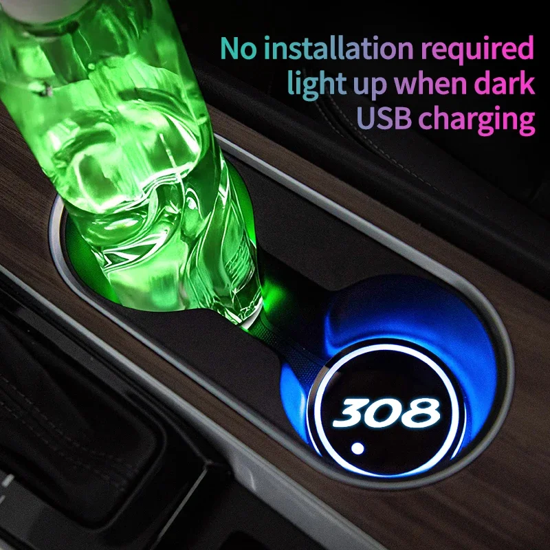 LED car water cup mat drink holder for Peugeot 308 emblem auto interior decorative lights