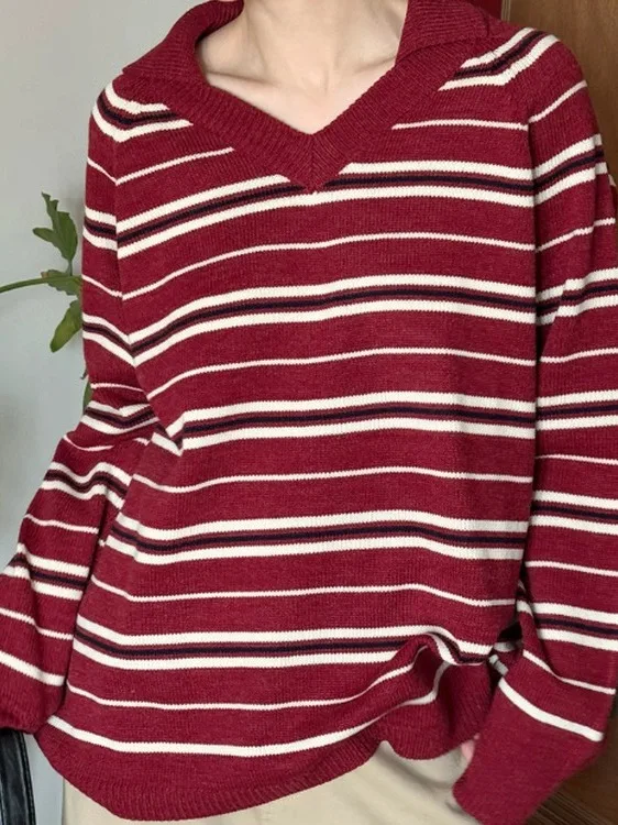 Chic Vintage fuera del hombro rayas Color Blo suelto suéter de punto para mujer diseño sensación Casual Sle invierno Faion