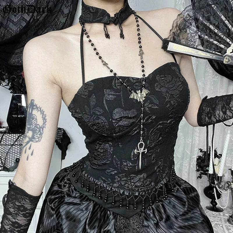 

Goth Dark Gothic Fringe Halter Neck Crop Tops for Women Streetwear Slim Sexy Sleeveless Backless Top Cyber Y2K Mall Goth Outfits