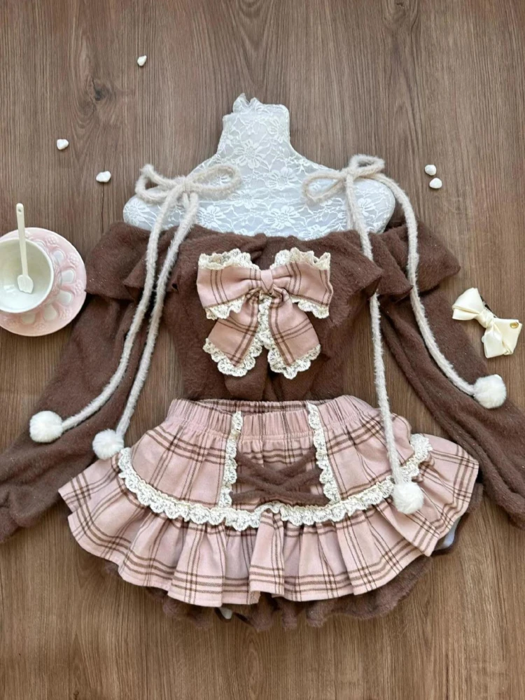 Winter Japanese Fashion Sweet 2 Piece Sets Women Retro Brown Tops + Fluffy Cake Skirt One Off Shoulder Kawaii Slim Vintage Suit