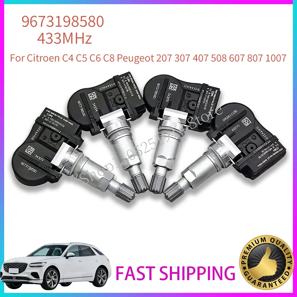 

4 шт. TPMS 9673198580 Система контроля давления в шинах 433 МГц для Citroen C4 C5 C6 C8 Peugeot 207 307 407 508 607 807 1007