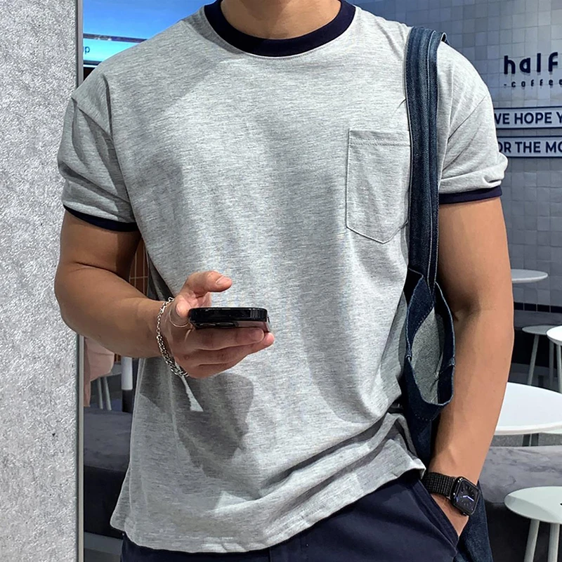 Plus Size Men Contrast Collar Pocket T-shirt Korean Loose Short Sleeve Tee Casual Basic Lazy Fit Summer Tops For Male Daily Wear