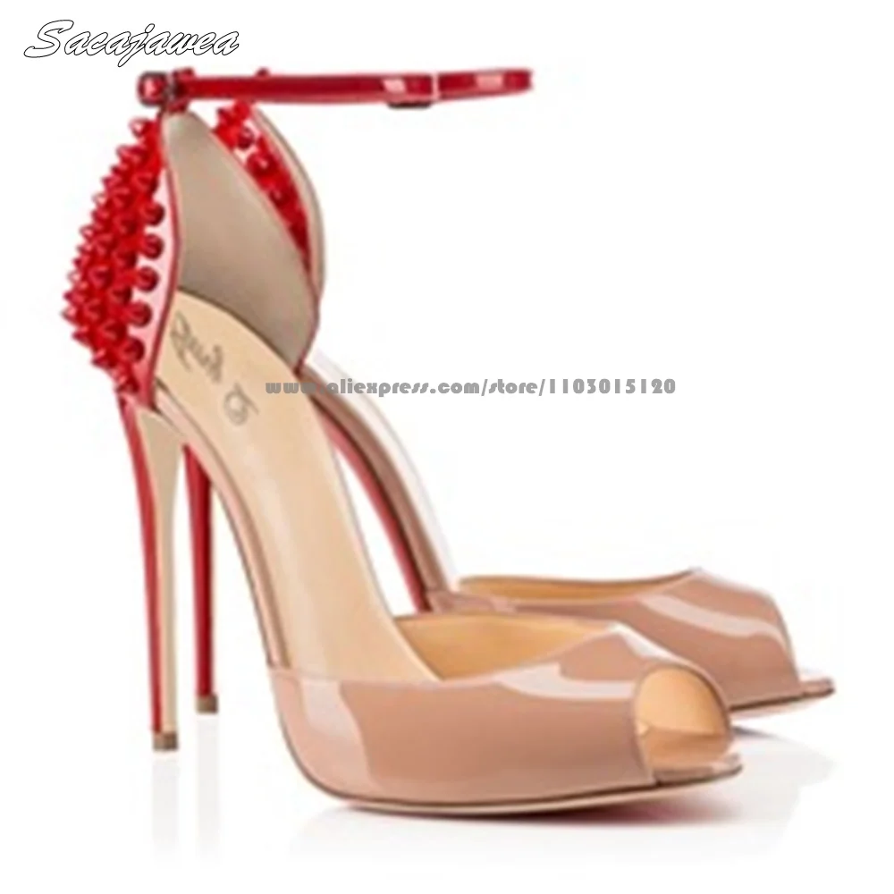 Patent Leather Red Rivet Ankle Buckle Fish Mouth High Heels Open Toe Side Empty Sexy Sandals Mix Color All-Match Party Sandals