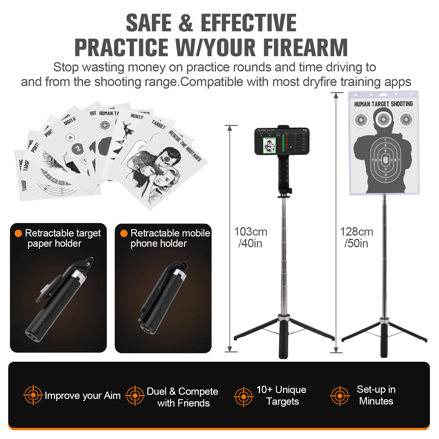 

6.5mm Dual purpose red dot laser trainer with extendable target paper holder and phone holder for aiming training