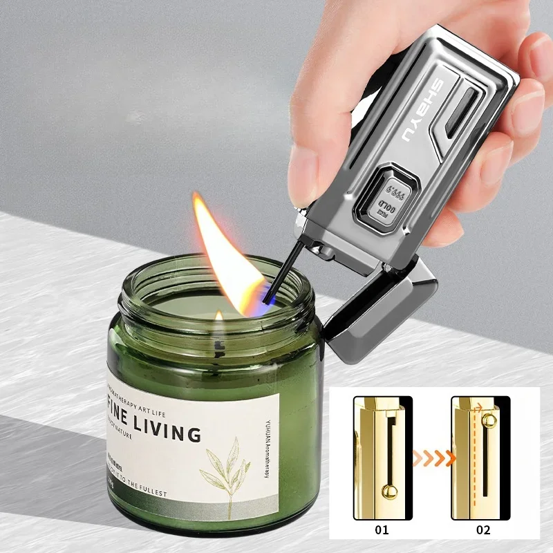 

Creative Dual Flame Stretch Open Fire Butane Gas Lighter Windproof Red Fire Visible Gas Window Silent Ignition Electric Lighters