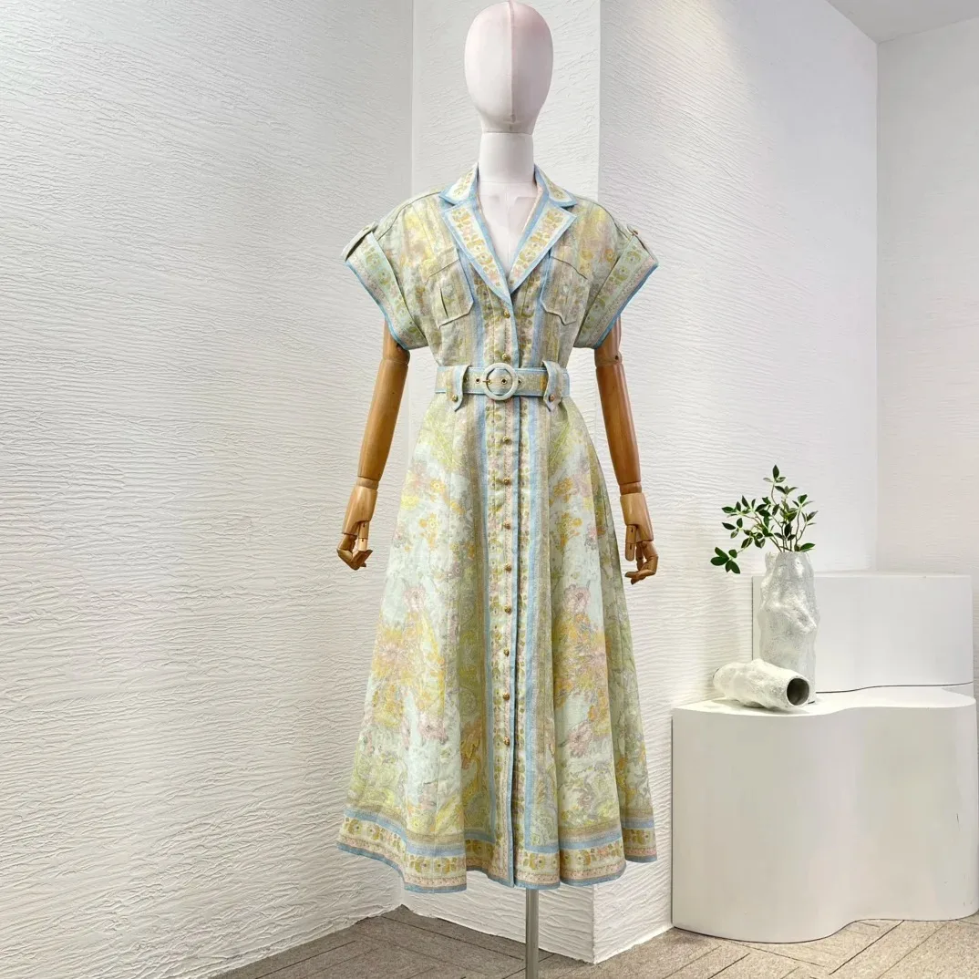 

High Quality Pure Linen New Short Sleeve Floral Print Holiday Women Belted Mini Dress Light Green