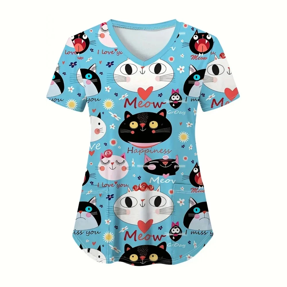 Animal dos desenhos animados enfermagem esfrega topos feminino uniforme de enfermeira moda feminina com decote em v bolso macacão uniformes médicos uniforme enfermera
