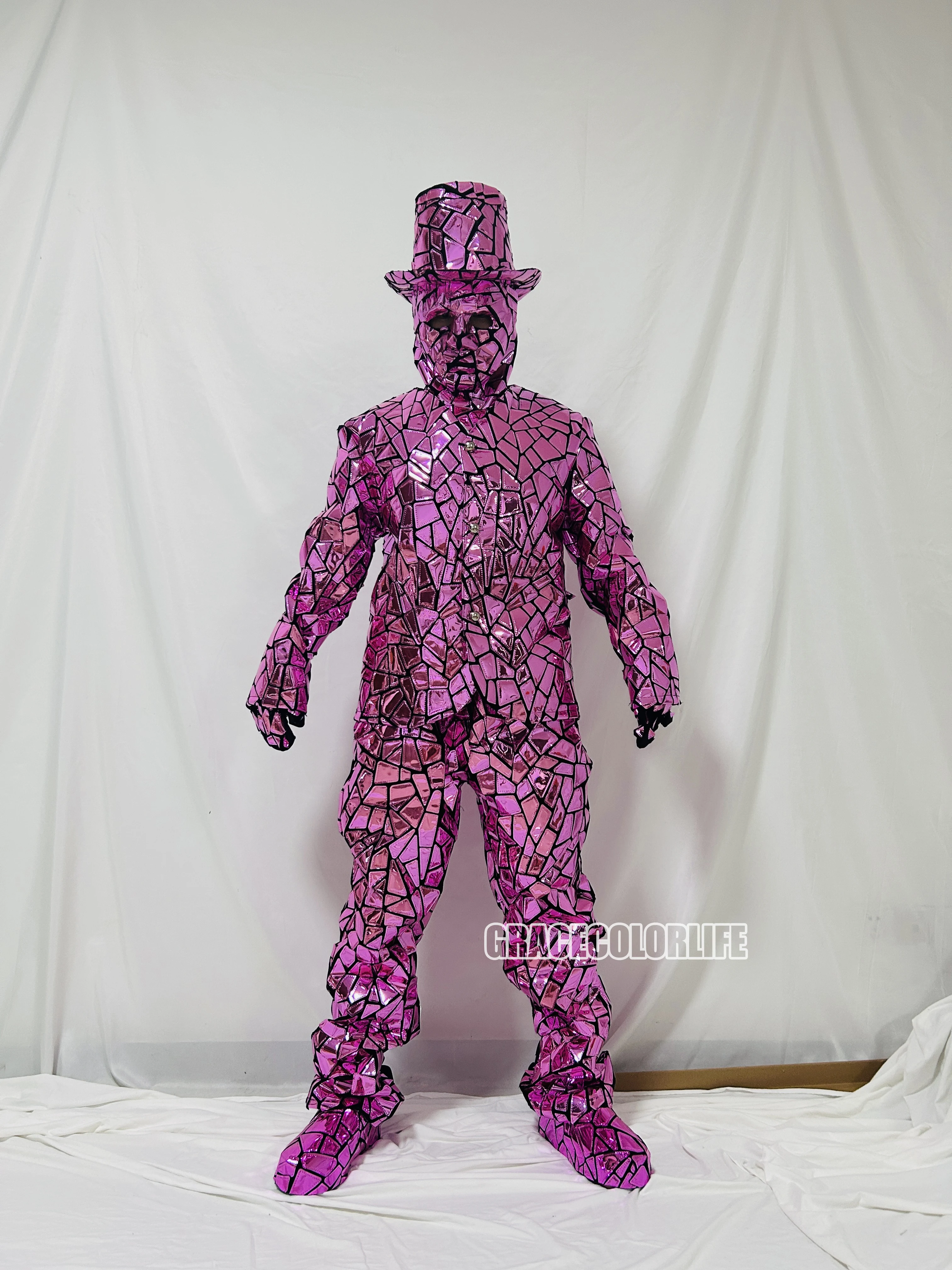 光沢のあるピンクのミラーメンズ仮面舞踏会コスチューム、ヒップホップダンスクルーコスチューム、バーステージパフォーマンス衣装、ホリデーパーティーコスチューム