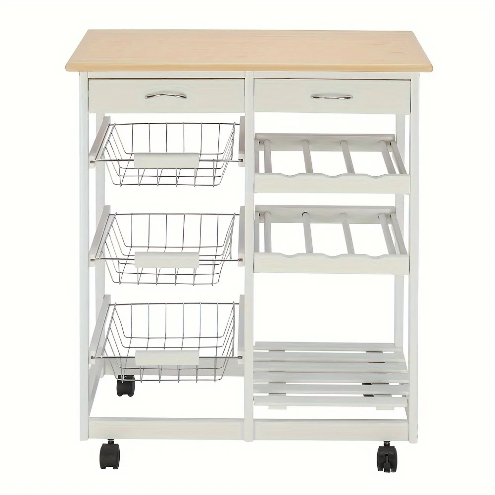 1pc, White Dining Cart, Moveable Kitchen Cart With Two Drawers & Two Wine Racks & Three Baskets White