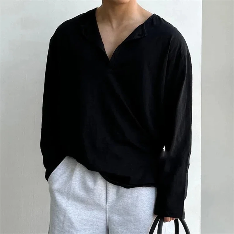 Spring Henley Collar Lightweight Lazy Irregular Texture Loose Base Long Sleeved T-shirt