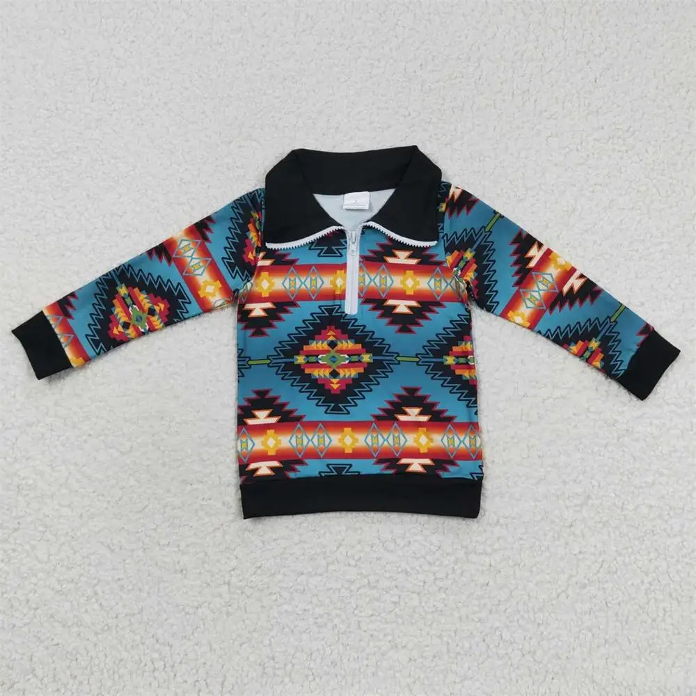 Wholesale Toddler Western Aztec Clothes Long Sleeves Pullover T-Shirts Tee Baby Boy Lapel Tops Children Infant Zipper Clothing