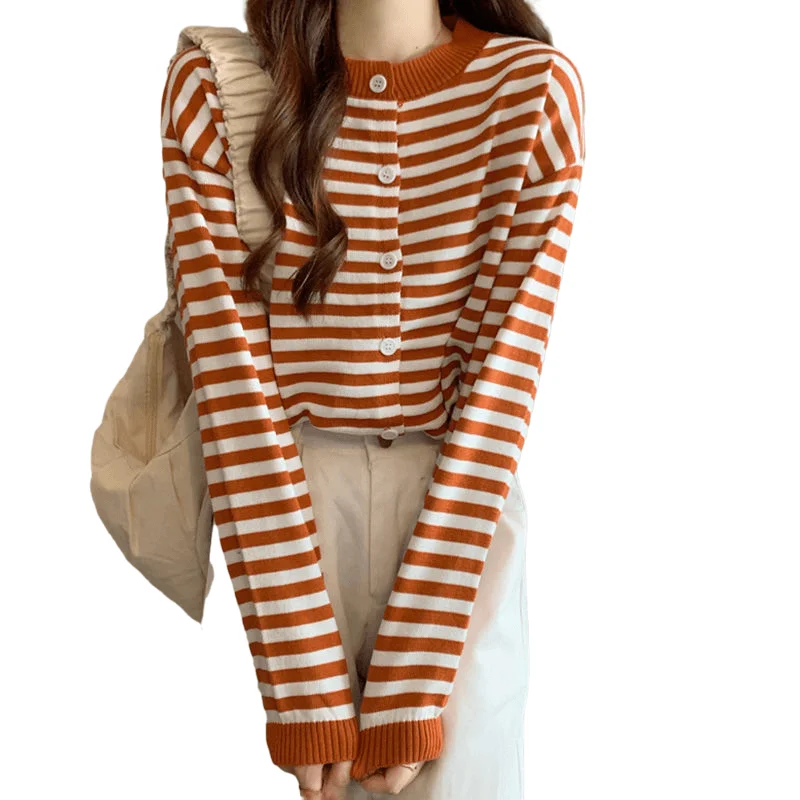 Lässiger gestreifter langer Swe runder ne gestrickter offener Strickjacke, trendiger lockerer Pullover, faionable Top für Damen, Frühling und Herbst 2025,