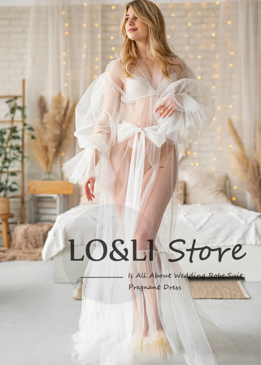 

LO&LI White Tulle Bridal Robe For Women Custom Wedding Dress 2023 Bride Pajamas Peignoir Mariee Photo Shoot Outfit Woman Wedding