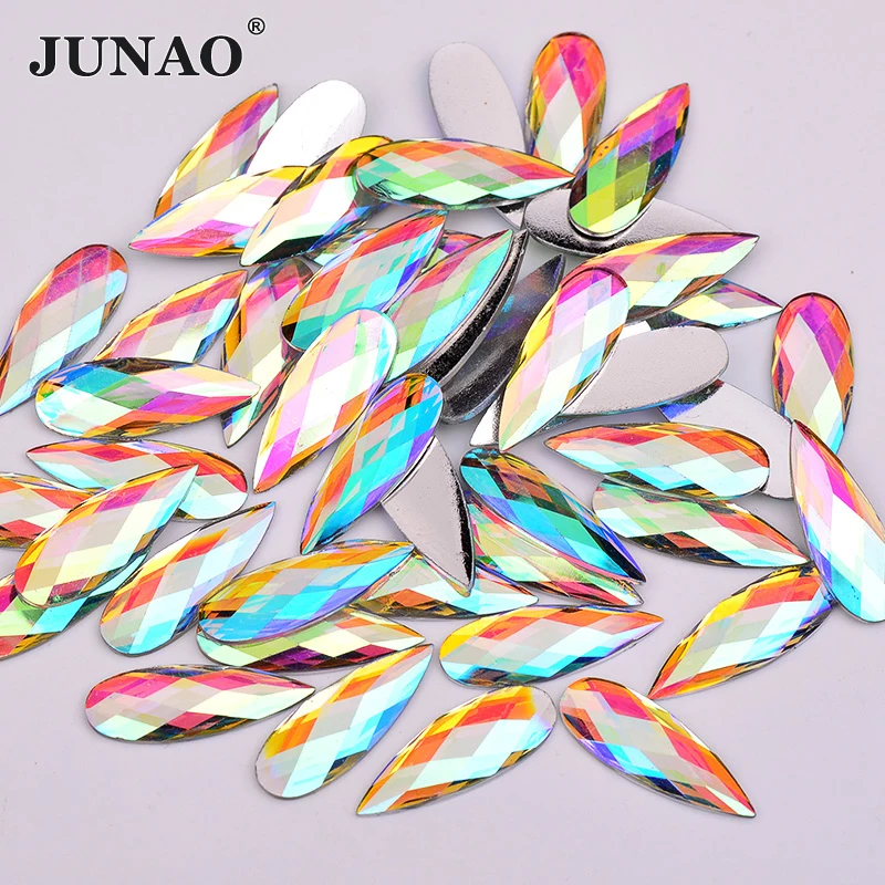 JUNAO 100Pcs 8*22mm Blue Color Teardrop Glue On Resin Rhinestone Flat Back Crystal Stone Big Size Strass Beads For Clothes