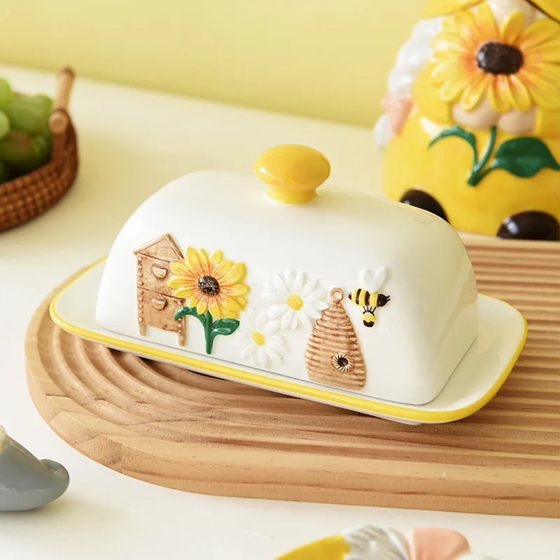 

Functional Spring Bee Sunflower Fairy Ceramic Butter Dish Decor Dessert Plate for Dining Table Decorations Nice Gift Idea