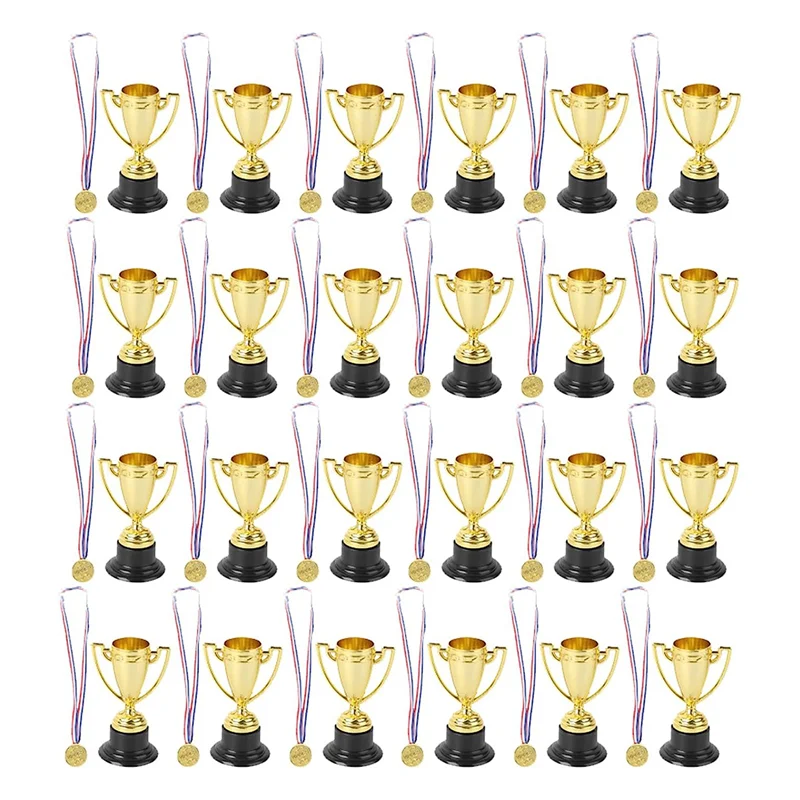 48 PCS Trophy and Medals Set,24Pcs Gold Plastic Trophy Cup and 24 PCS Medals for Kids Sports Awards, Party Favors