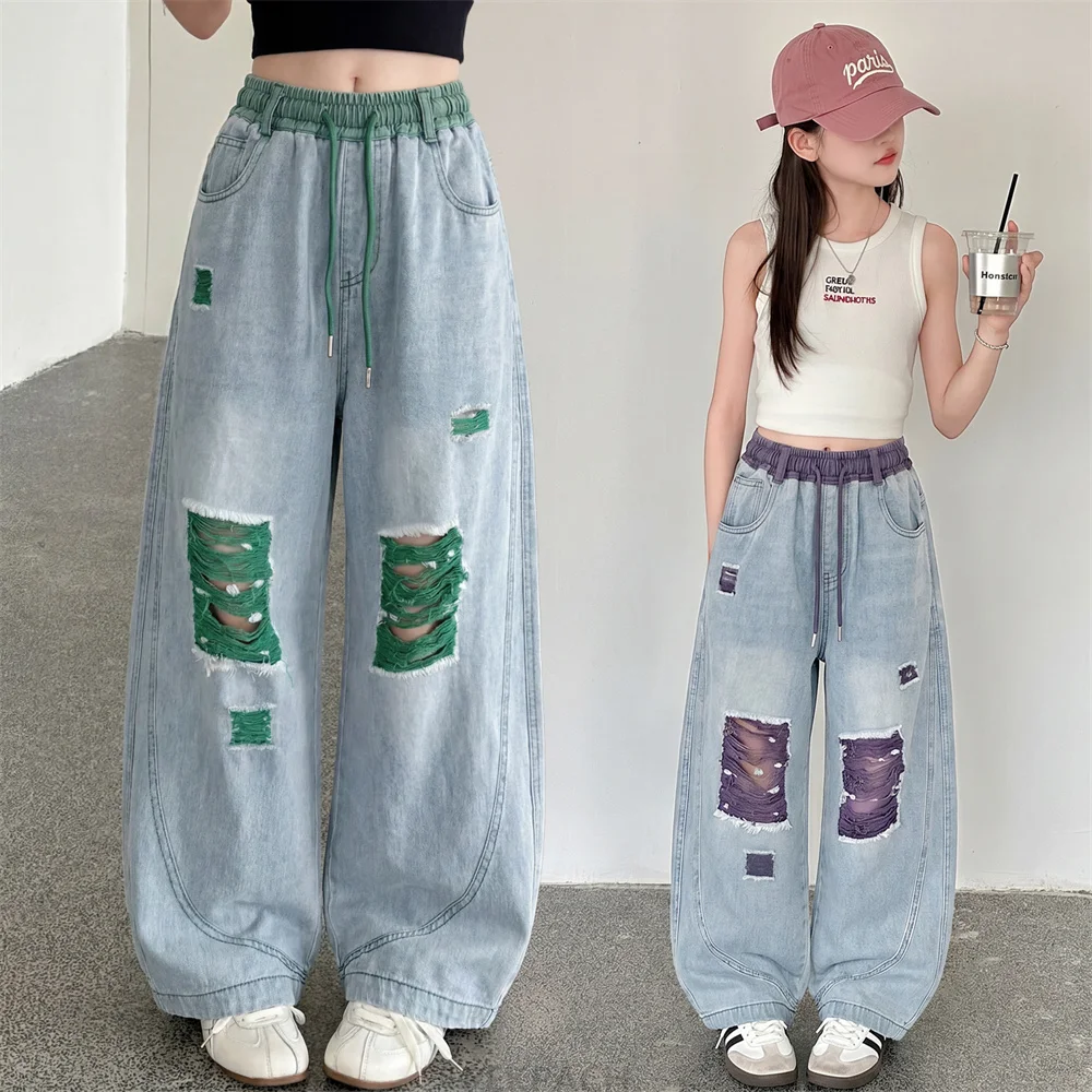 

2026 Teenage Girls Hole Wide Leg Pants Fashion Loose Street Ripped Jeans for Kids Clothes 10 12 14 Year School Children Trousers