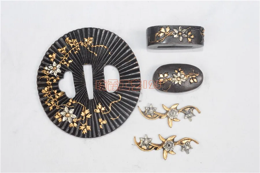 

Gilded with Gold & Silver Copper Set of Japanese Samurai Katana Tachi Sword Accessories, Tsuba, Fuchi, Kashira, Menuki