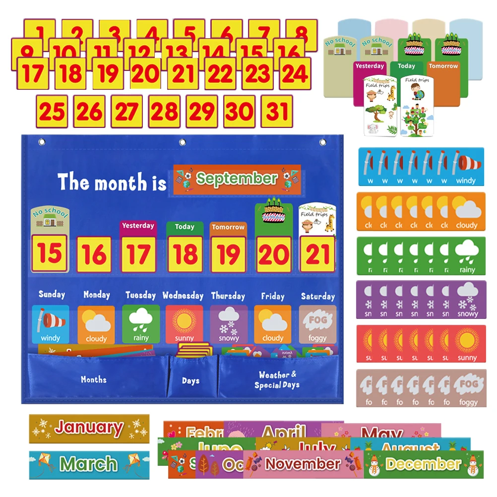

Premium Polyester Hanging Classroom Calendar Weather Bag Children Cognitive Pocket Chart Essentials Wall Weekly