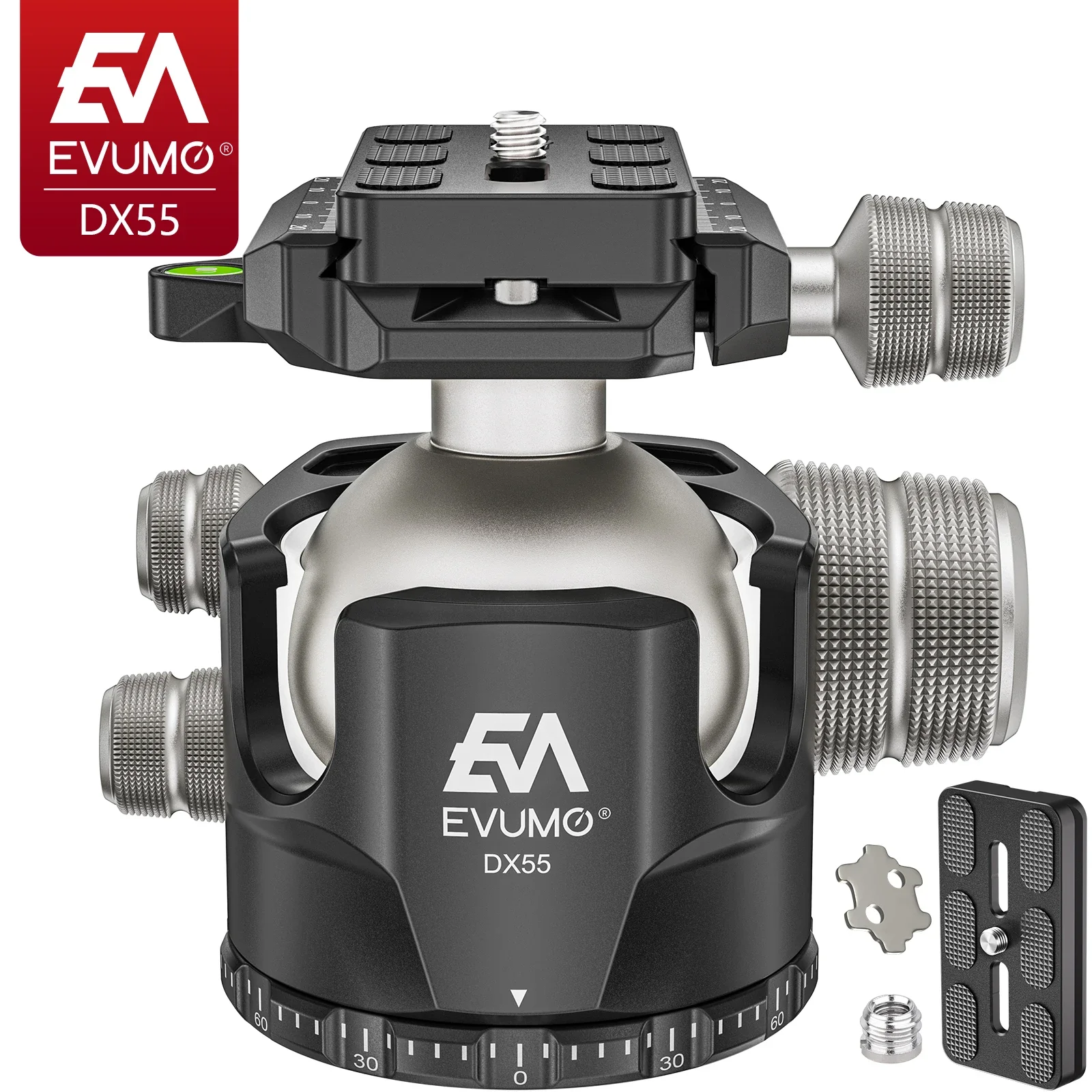 

EVUMO DX55 Professional Big Ball Head Max Load 40kg 88lbs with Picatinny Clamp Arca Swiss Plate for Camera Monopod Tripod Phone