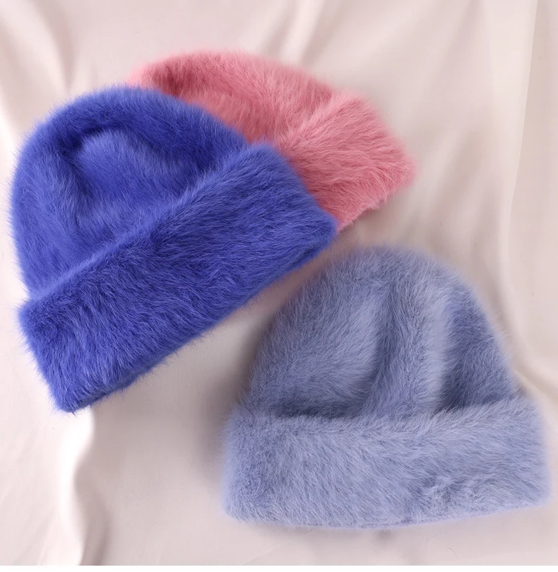 2023 Angora Flauschige Strickmütze Kaninchenfell Wintermütze für Damen Damen Mode Warmer Plüschschädel Damen Dicke Fleecemützen – Detail 13