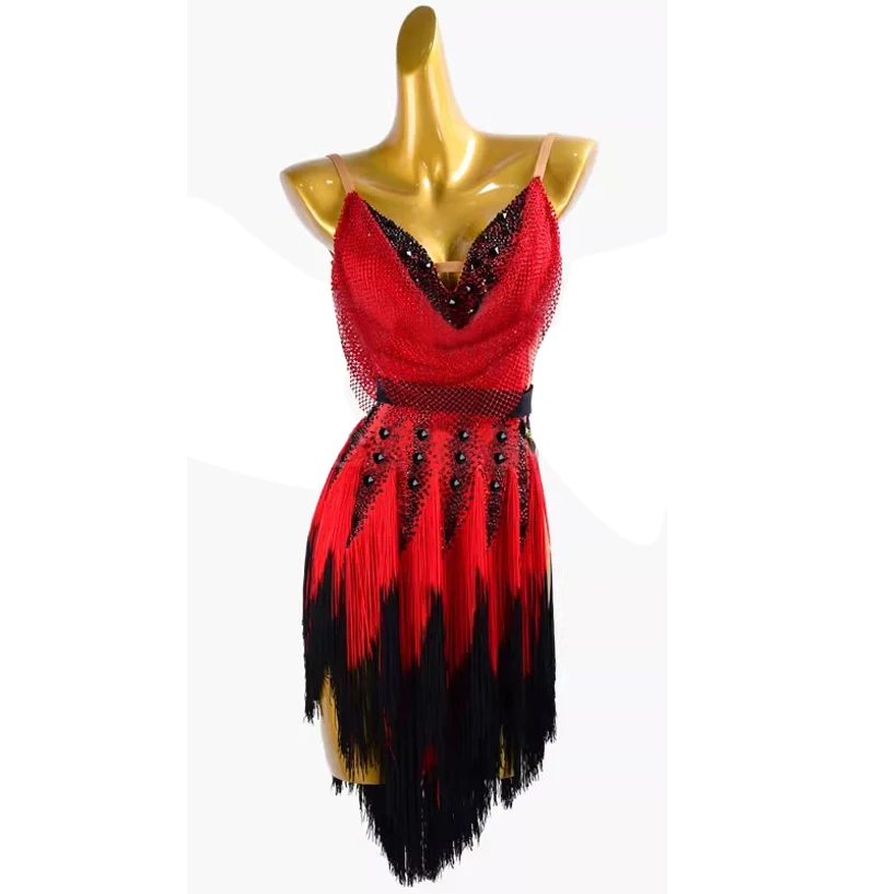 New Latin Dance Dress Luxury Diamond Sexy Open Back Tassel Dress Adult and Children Latin Dance Professional Performance Dress