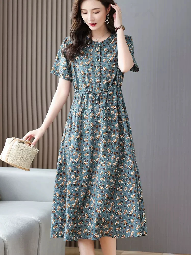 Cotton Dresses Women 2023 New Summer Elegant Floral Print Drawstring Maxi Dress Casual Loose Mommy Clothes Robe Femme 4XL