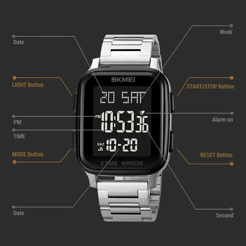 SKMEI 1859 Digital Sport Men Watch Waterproof Leisure Business Steel LED Clock 1858 Reloj Masculino Mens Electronic Wristwatches