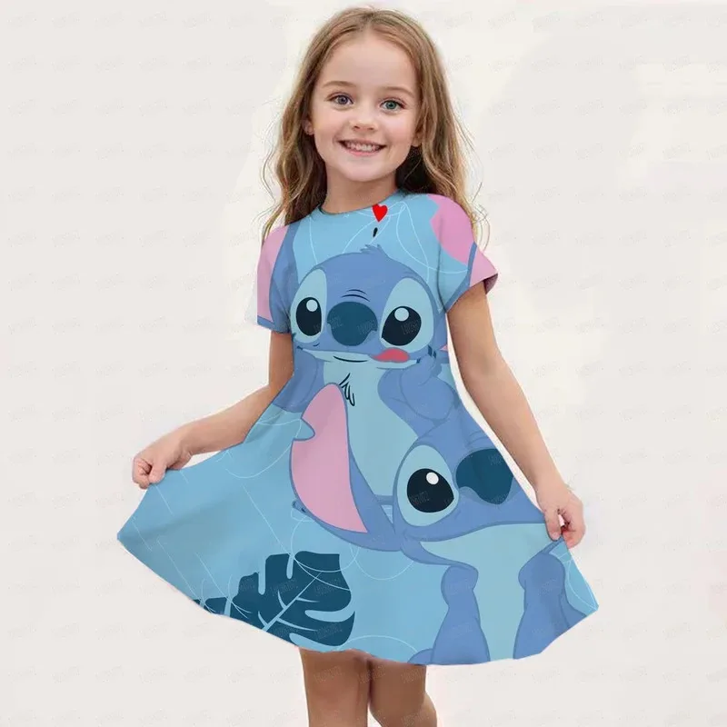 

Cartoon Girls Dress Disney Stitch Pattern Children Clothes Princess Dresses Summer Casual Kids Home Wear Girl Birthday Clothing