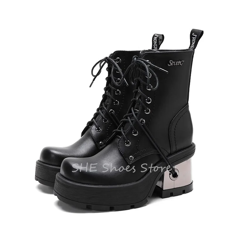 

British Style Women Chunky Bottom Boots Punk Black Metal Heel Height Increasing Platform Motorcycle Boots Ladies Lace-Up Boots