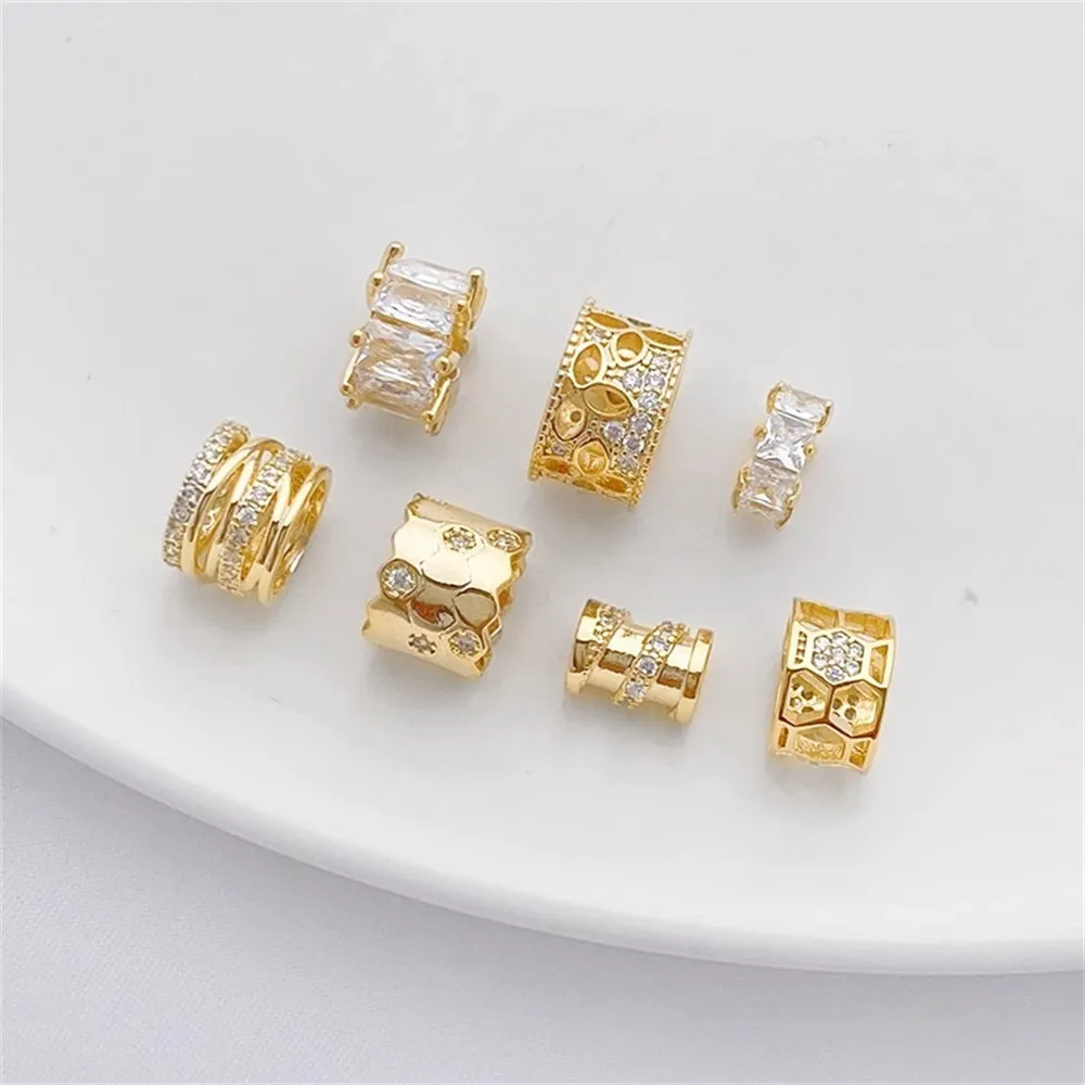 14K Gold-plated Micro-inlaid Zircon Macroporous Passepartout Bucket Bead Pendant Beads Diy Handmade Bracelet Necklace Material