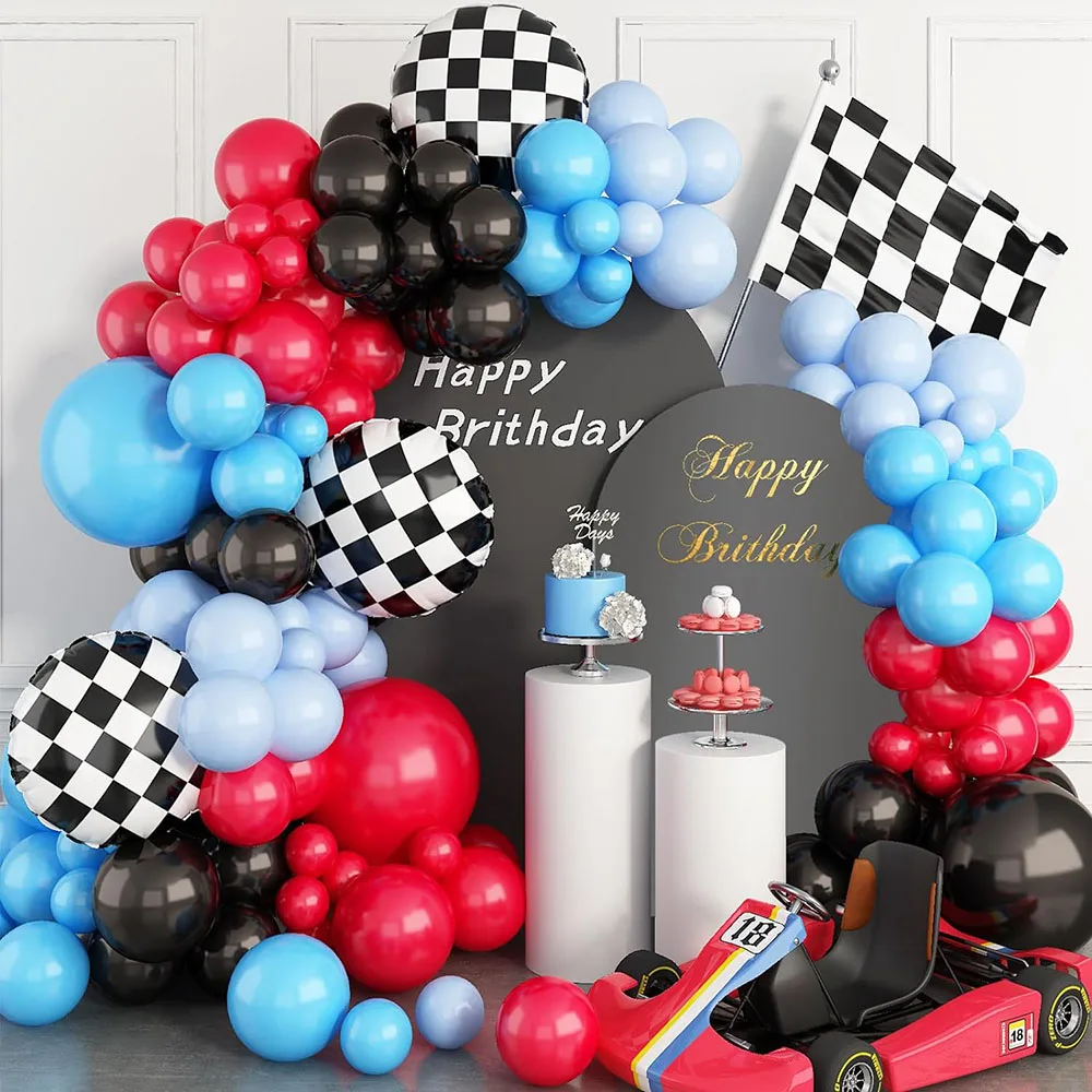 Racing Balloon Arched Garland Set Red Blue Black Checkered Flag Aluminum Foil Balloon Racing Theme Two Times Fast 2Th Birthday Racing Theme Party
