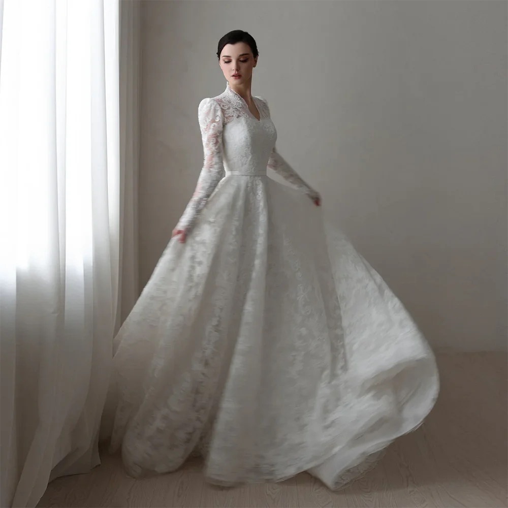 

Arabian Wedding Dress Customized High Collar Long Sleeves Exquisite A-line Bridal Gown Court Train Arab Bride Dresses