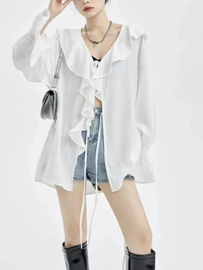 

Black Ruffle Blouse Lace Up Women Long Sleeve Shirt White Korean Style Spring Summer Cover-Up Black Tops Casual Outwear 2024
