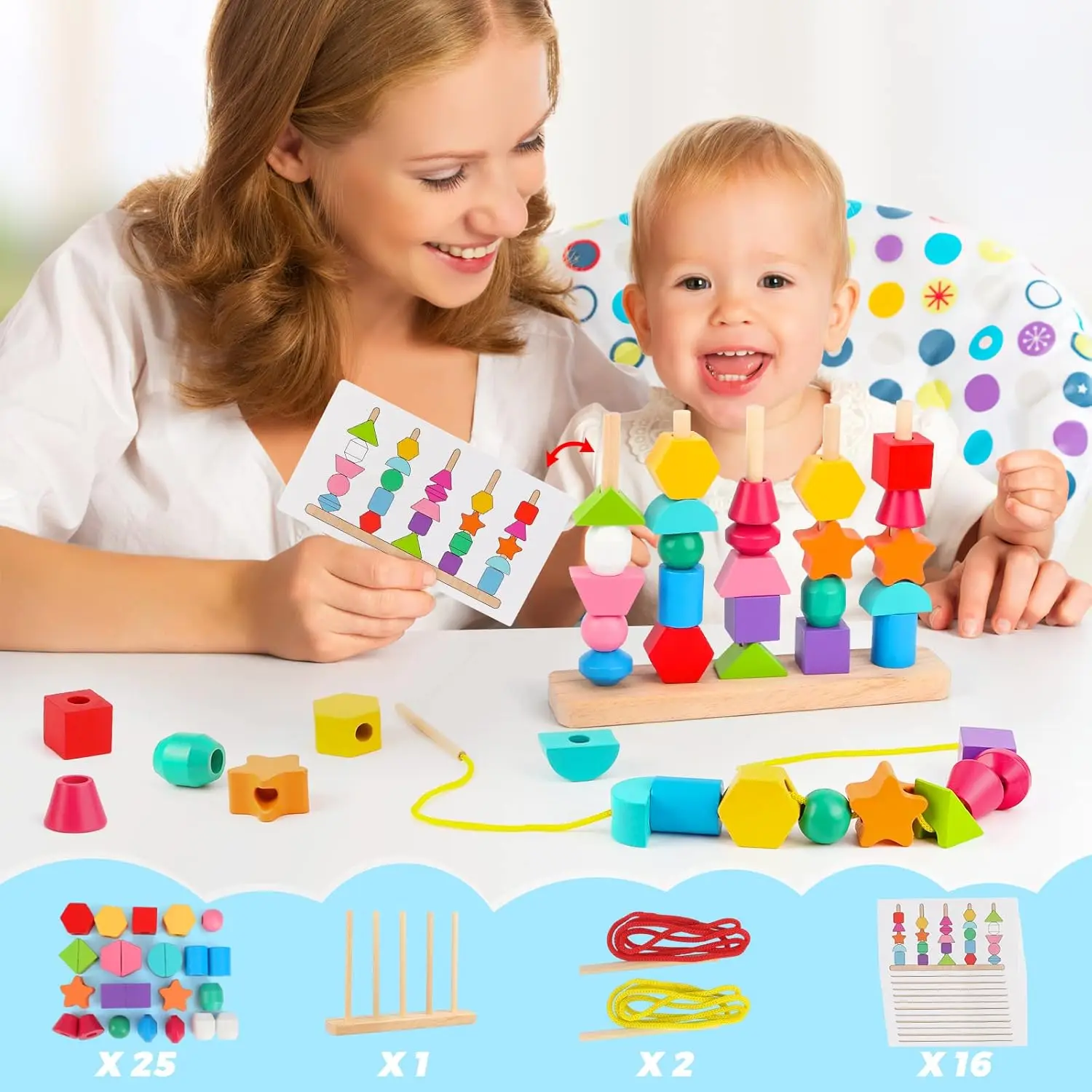 

Montessori Wooden Beads Sequencing Toy Set, Stacking Blocks & Lacing Beads & Matching Shape Stacker for 2 3 4 5 Year Old STEM Pr