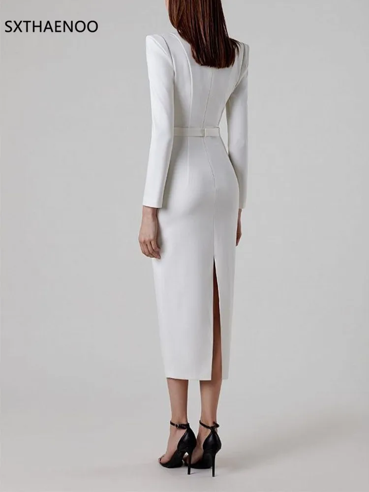 SXTHAENOO Frauen Winter Sexy Langarm V-ausschnitt Rosa Schwarz Weiß Midi Verband Kleid 2025, Elegante Abend Club Party Kleid