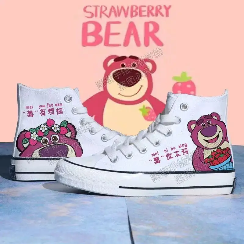 

2025 new drop shipping Canvas Shoes Women's plus Lotso Huggin Strawberry Bear Student Couple high-top real photo man board shoes