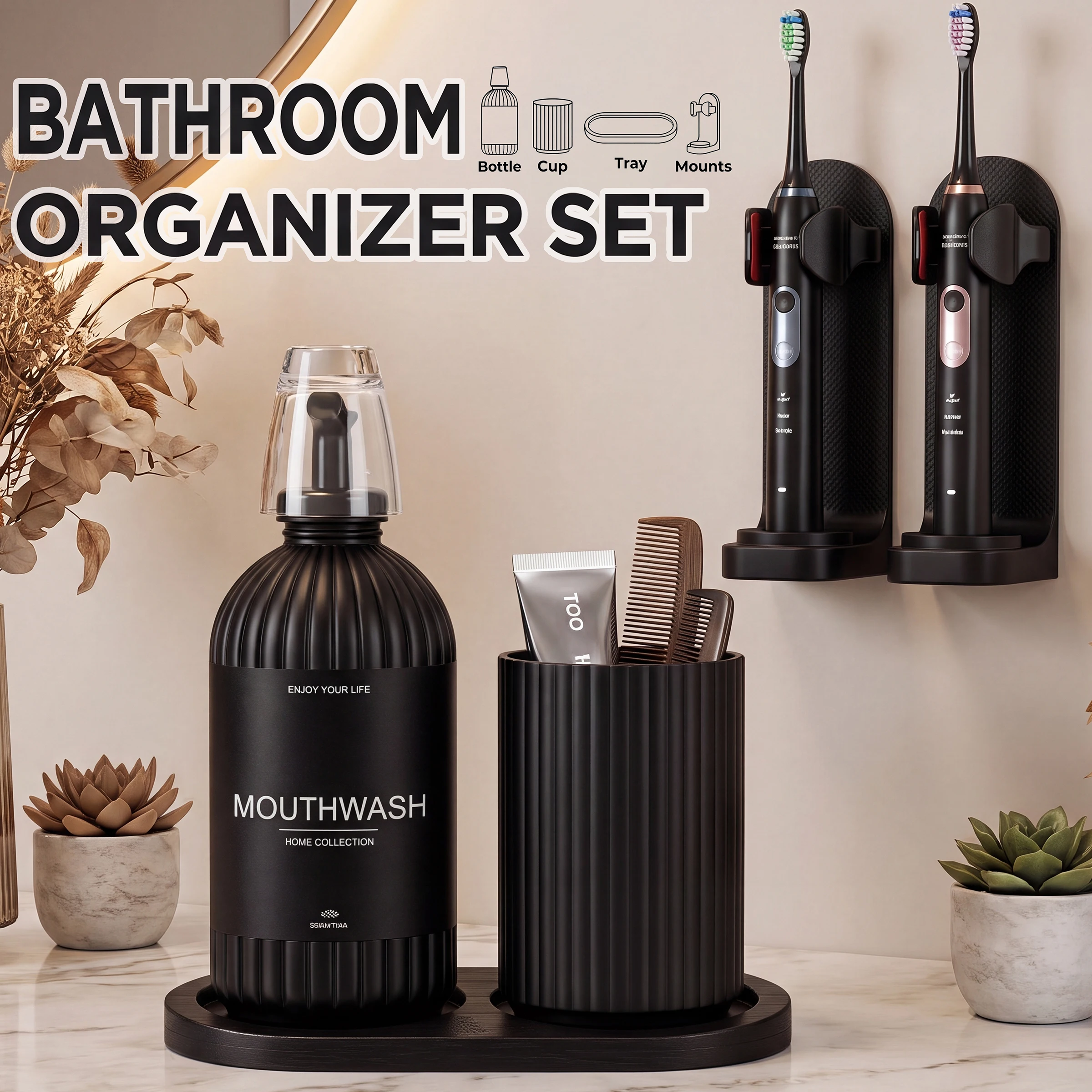 Badezimmer-Accessoires Mundpflegeset, 5-teiliges Set mit wiederverwendbarem Mundspülspender, Zahnpastabecher und Ablage als Einweihungsgeschenk