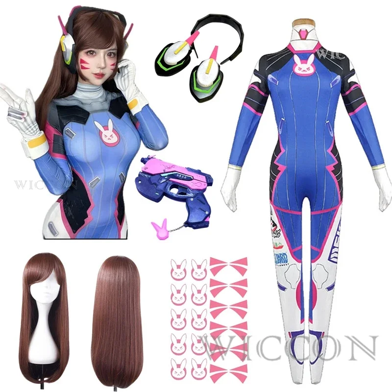 Anime vrouw jumpsuit panty DVA cosplay spel kostuum Zentai pruik cosplay rekwisieten hoofdtelefoon pak D. va cos party Halloween kostuums